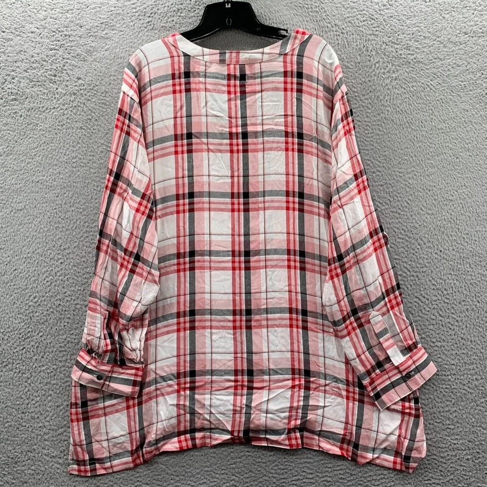 BASIC EDITIONS Shirt Womens 3X Button Up Blouse Top Plaid Long Sleeve Pink - Picture 2 of 8